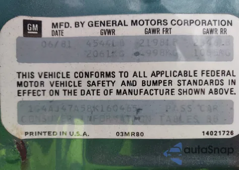 1981 Buick Regal z USA, uszkodzony, nr VIN 1G4AJ47A5BK160465